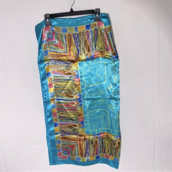 5/$25 Jiaying Blue Yellow Satin Abstract Print Square Scarf - Picture 8 of 16